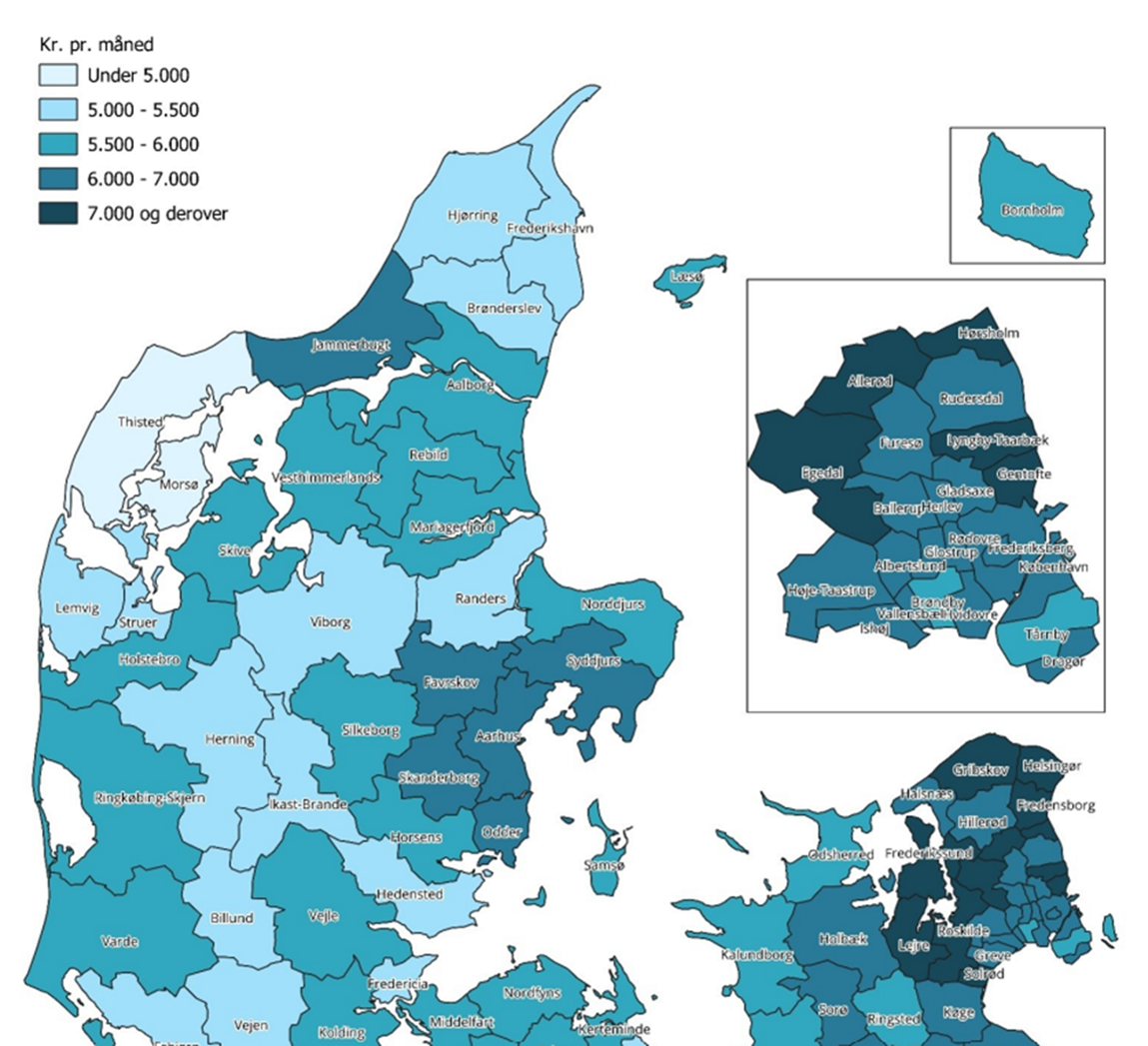 Månedlig husleje i kr. for almene familieboliger mellem 70 og 85 m2, fordelt på kommuner, 2025