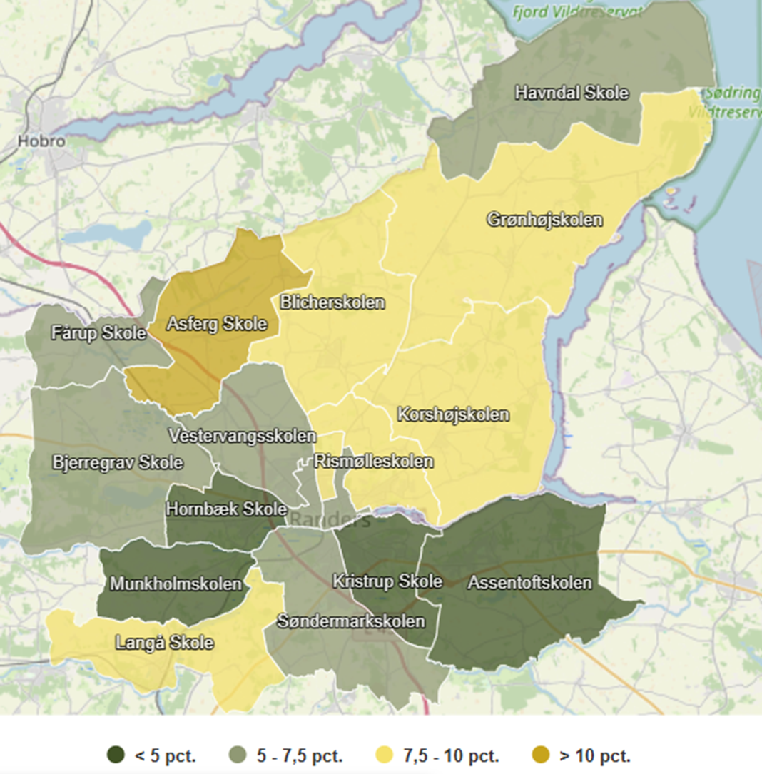 Oversigt over segregeringsgrad - andelen af børn med bopæl i skoledistriktet der modtager et specialtilbud i specialklasse eller på specialskole pr. september 2024