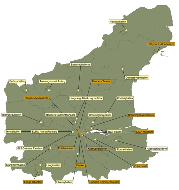 Kort over kulturinstitutioner, idrætshaller, borgerhuse mv. i Randers Kommune