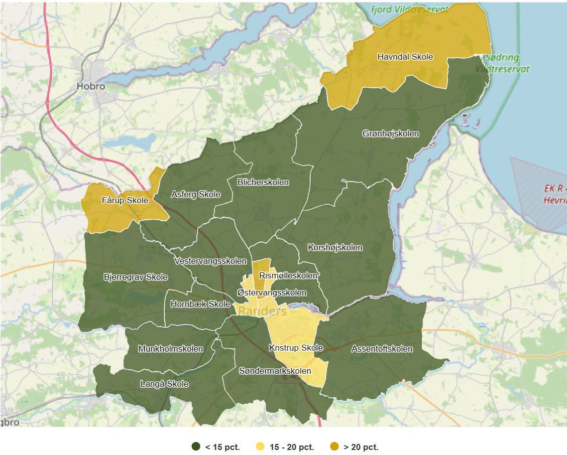 Kort 4. Andel børn i skoledistriktet der i 2024 er vurderet til at have behov for særlig eller fokuseret indsats