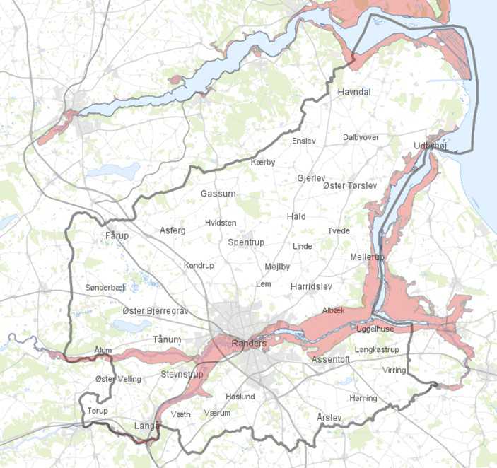 Områder med risiko for oversvømmelse i Randers Kommune