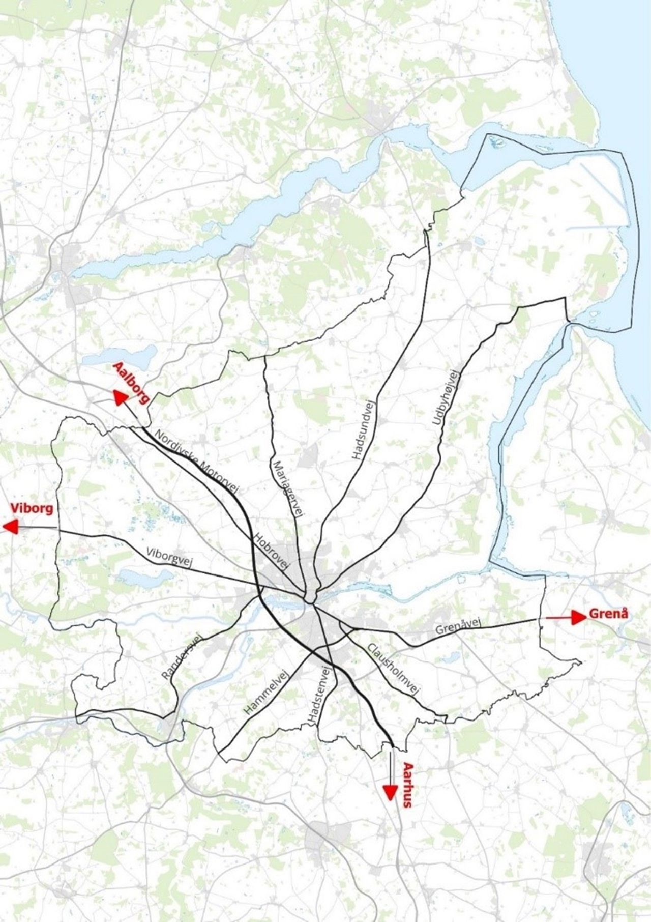 Kort 1.4: De 12 hovedveje i Randers Kommune
