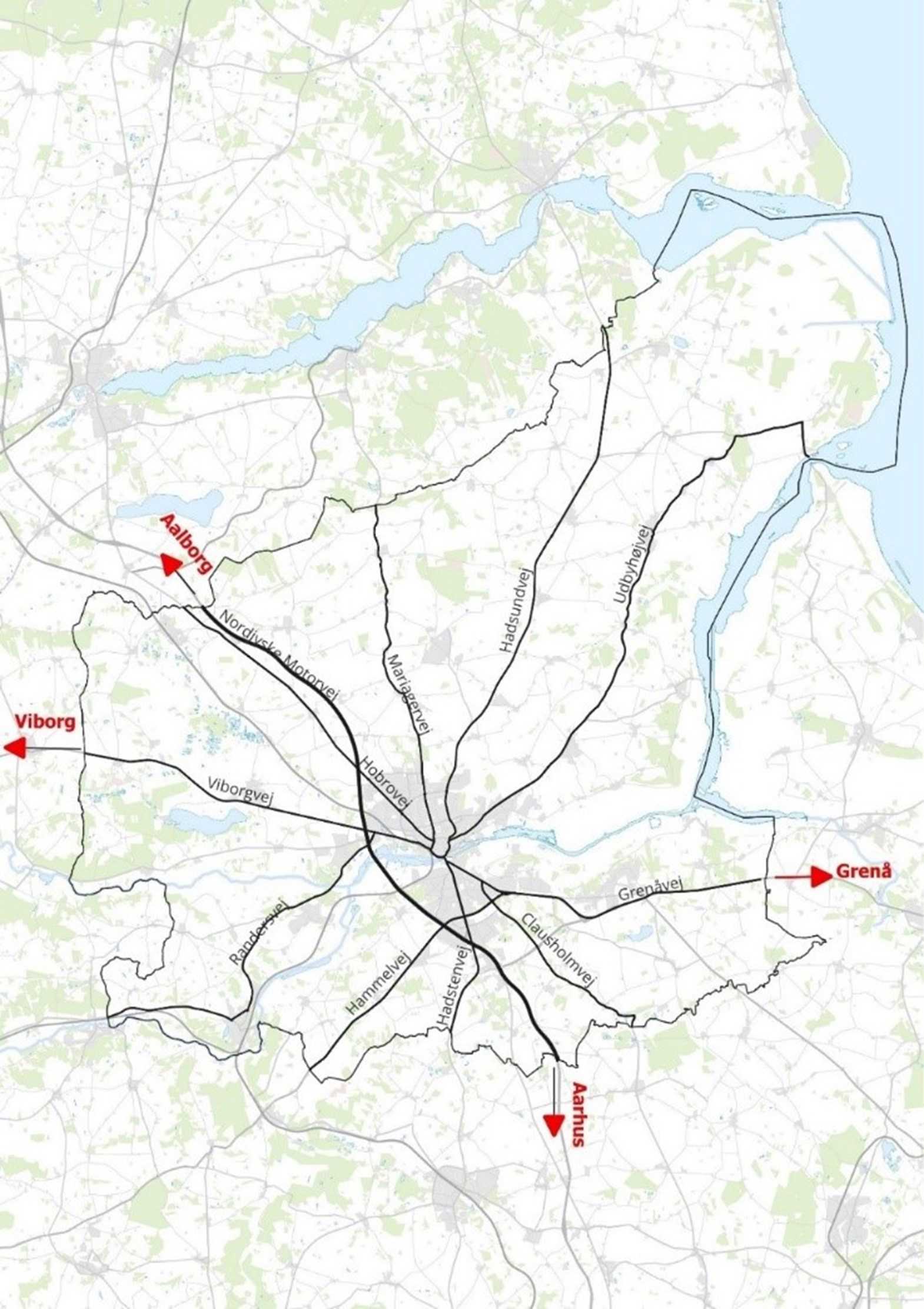 Kort 1.4: De 12 hovedveje i Randers Kommune