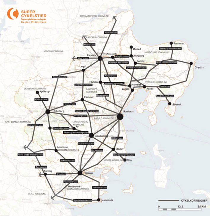 Kort over kommende og eksisterende supercykelstier