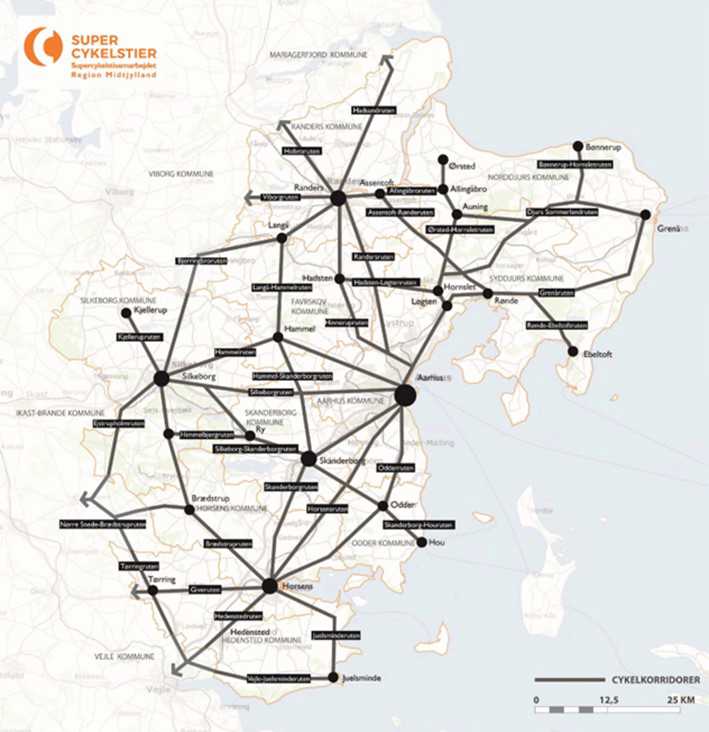 Kort over kommende og eksisterende supercykelstier