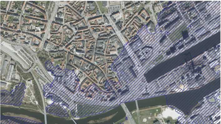 Oversvømmelsesrisiko i Randers Midtby ved 100-årshændelse