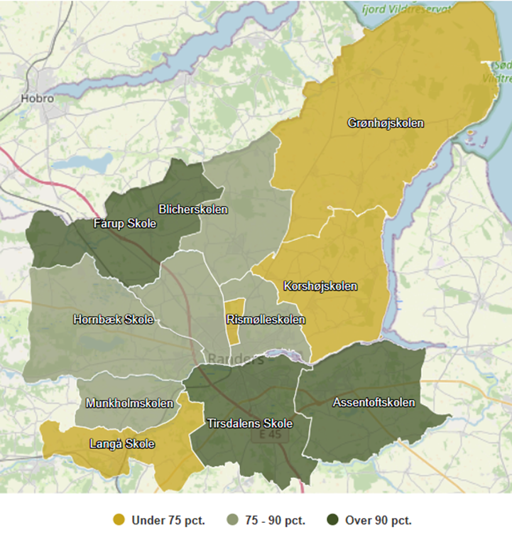 Geografisk fordeling af andel elever med mindst karakteren 02 i dansk og matematik