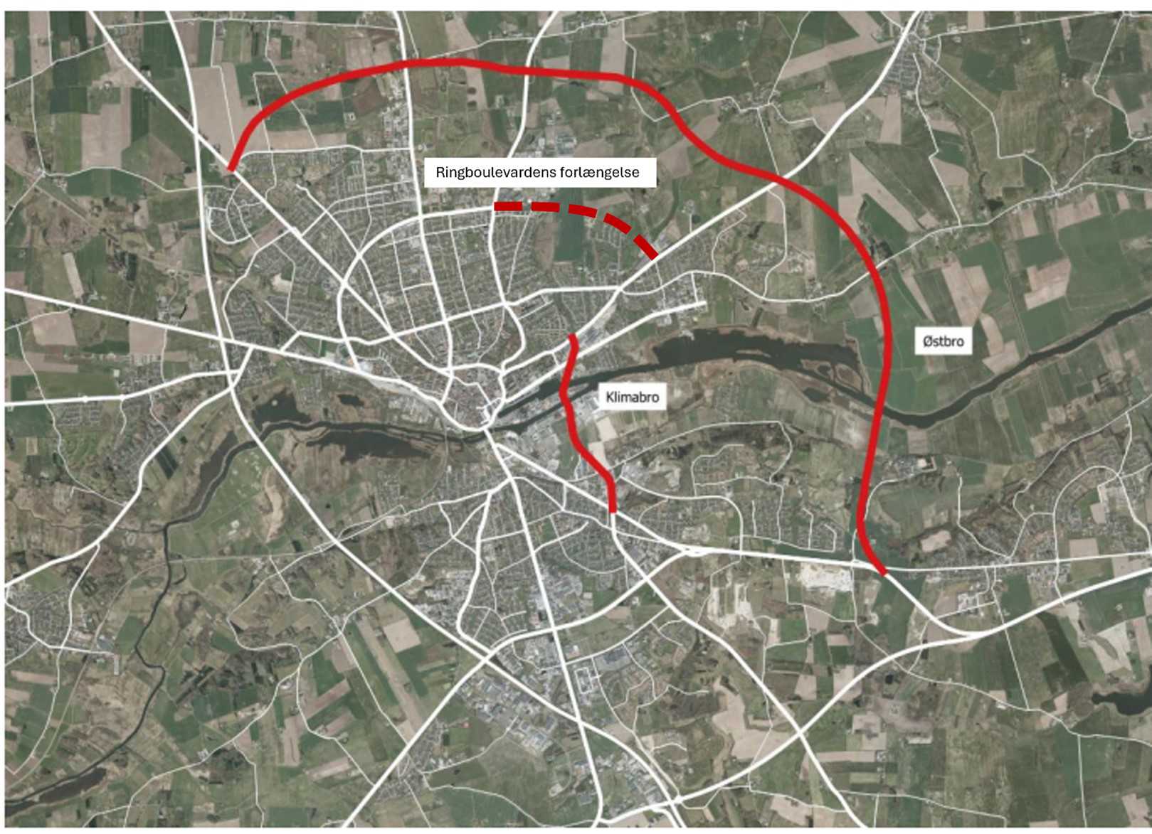 Illustration over Klimabroen, Østbroforbindelsen og Ringboulevardens forlængelse