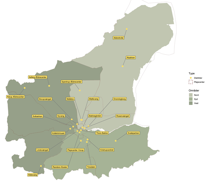 Kort over områder, plejecentre og distrikter for omsorgsområdet