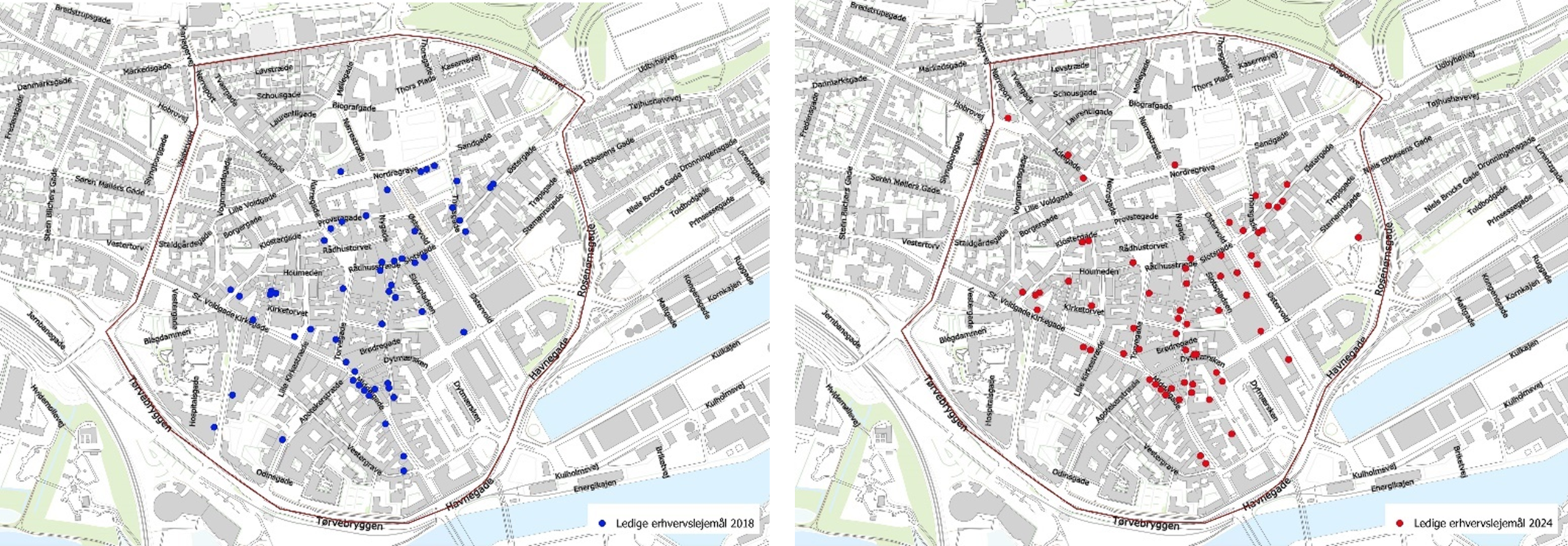 Kort 3.8: Tomme butikker i Randers by i 2018 og 2024