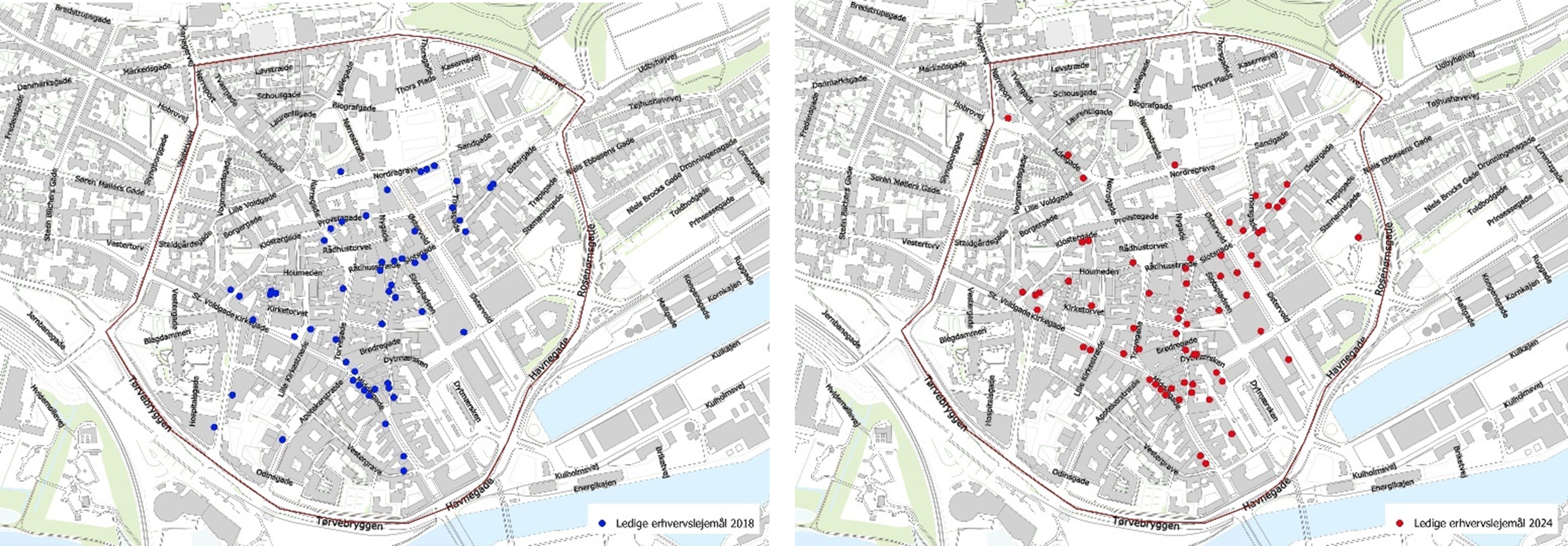 Kort 3.8: Tomme butikker i Randers by i 2018 og 2024