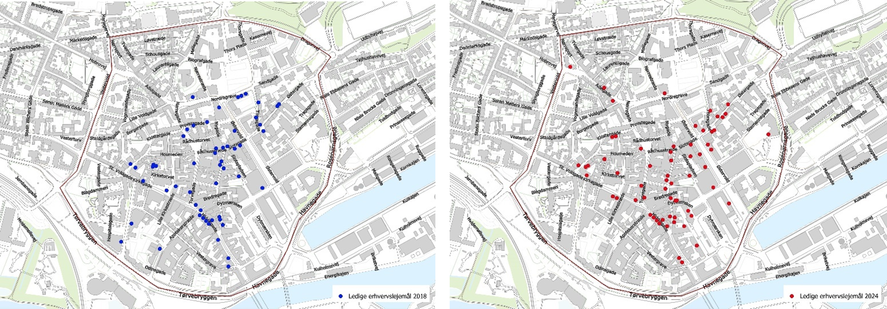 Kort 3.8: Tomme butikker i Randers by i 2018 og 2024