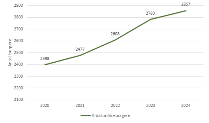 Udvikling i antal borgere med en indsats på socialområdet (2020-2024)